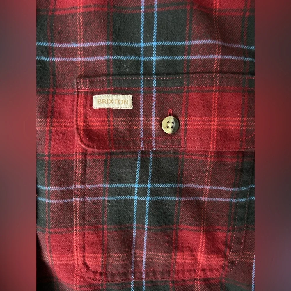 Brixton unisex button up flannel shirt in red, black and blue size small